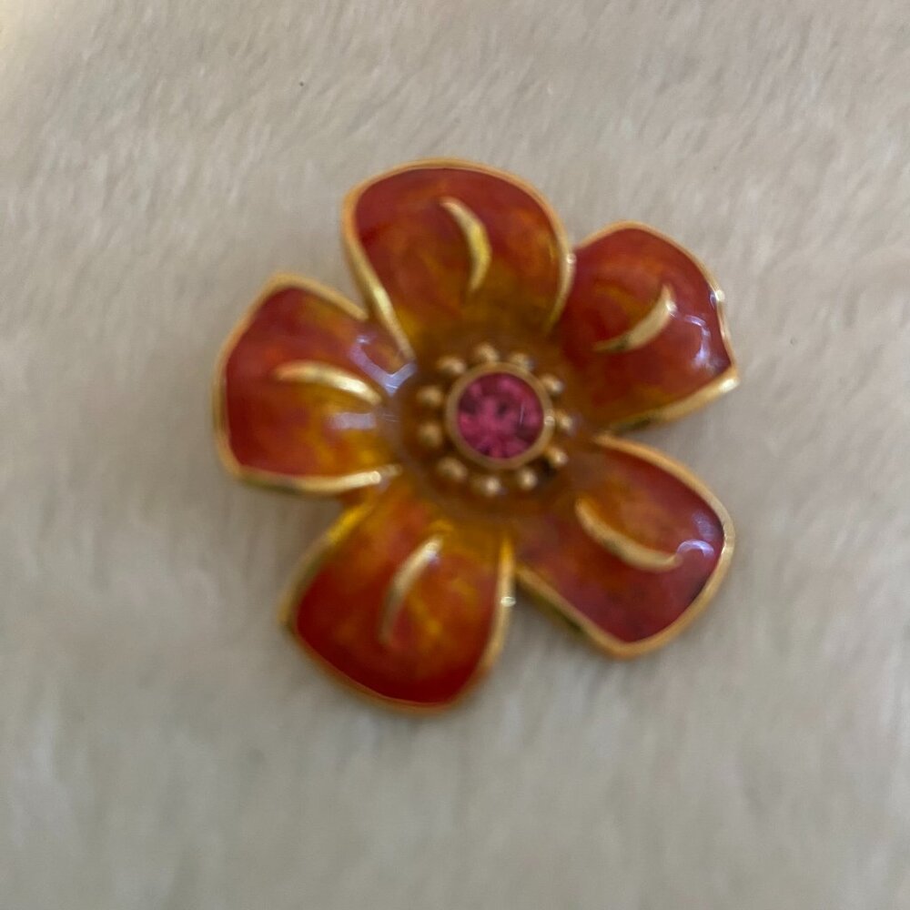 Olia ~ Flower Pin Brooch w/Pink Rhinestone ~ Goldtone Trim ~ Orange Petals